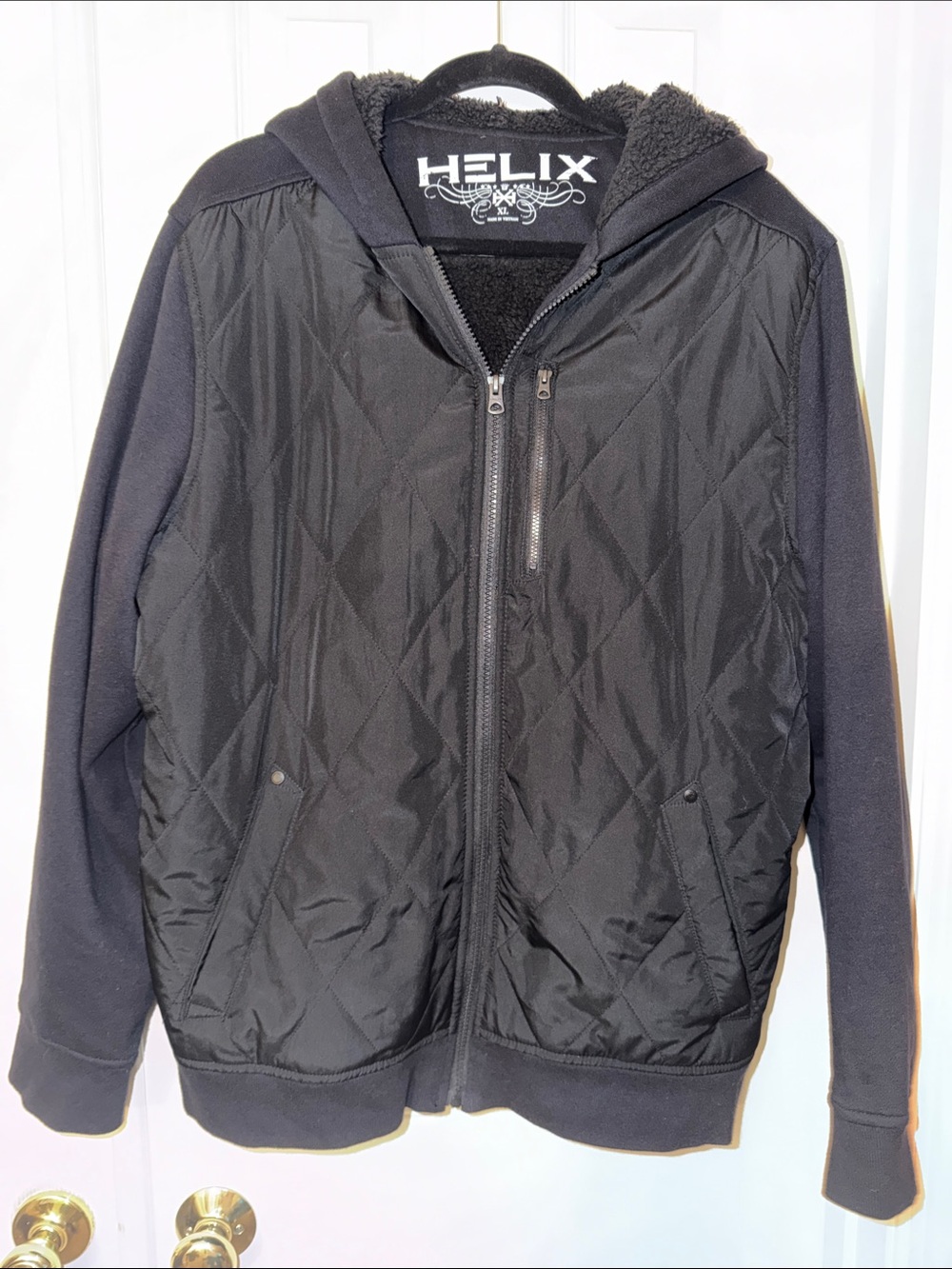Helix Black Quilted Hooded Jacket with Knit Sleeves